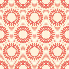 Seamless fashion vector pattern with circles, rounded shapes, wavy lines. Pastel colors. Red color. Color illustration.