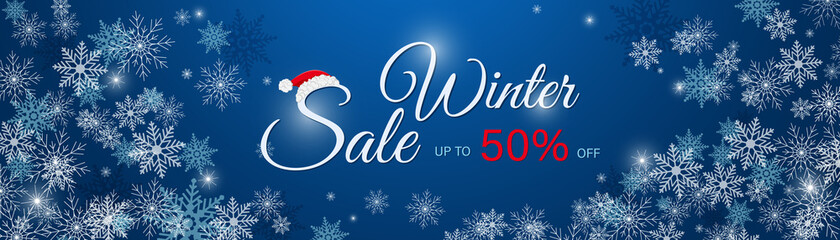 Winter sale poster, banner with swirling snowflakes on a dark blue background. Vector