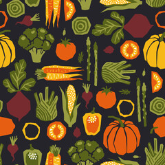Various vegetables seamless pattern. Food background. Papercut style. Healthy food design. Vector illustration