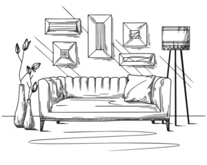 Living room interior sketch. Sofa and other furniture for the recreation area. Vector - 458310728