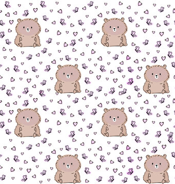 cute teddy bear vector pattern design with heart and butterfly