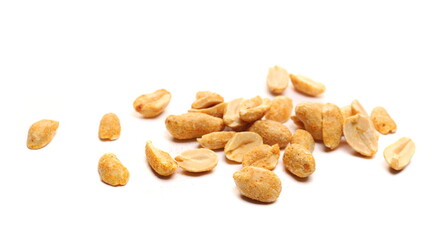 Spicy hot, dry roasted peanuts pile isolated on white background