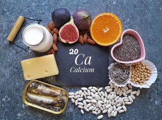 Food rich in calcium with the symbol Ca and atomic number 20. Natural products containing calcium, minerals, dietary fibers, vitamins. Calcium high food. Healthy sources of calcium, healthy diet food.