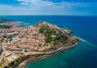 Fototapeta premium Aerial view of Castelsardo oldtown peninsula. Town and comune in Sardinia, Italy, located in the northwest of the island within the Province of Sassari