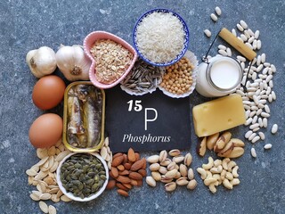 Fototapeta na wymiar Food rich in phosphorus with the symbol P and atomic number 15. Natural products containing minerals, dietary fibers, vitamins. Phosphorus high food. Healthy sources of phosphorus, healthy diet food.