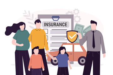 Cartoon family with kids have insurance proposal. Parents with children. Full insurance for house and car concept. Future financial support in case of accident