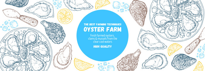 Oysters and oysters dish with lemon and ice sketch. Hand drawn vector illustration. Top view. Design template. Food menu.
