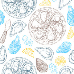 Oysters and oysters dish with lemon and ice sketch. Seamless pattern. Hand drawn vector illustration. Top view. Design template. Food menu background.