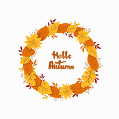 Vector wreath of autumn leaves. Beautiful round wreath of yellow and red leaves. Decor for invitations, greeting cards, posters.