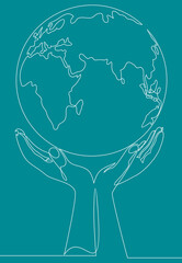 Two woman hands protect earth.Continuous one line drawing.