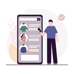 Employer search for workers for company based on rating. Search through mobile phone app. HR specialists choosing best candidate for job.