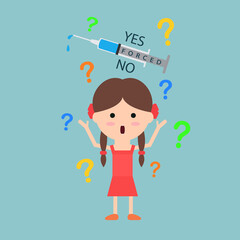 Vaccine and immunization concept. Vector banner syringe and a kid thinks to vaccinate or not.