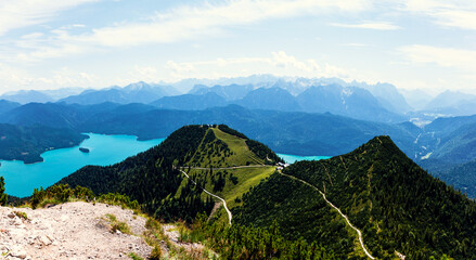 Munich's local mountains. Summit of Heimgarten, view breathtaking of the Lake Walchensee ans a view far across the Bavarian Alps, Prealps in Bavaria Germany, Europe