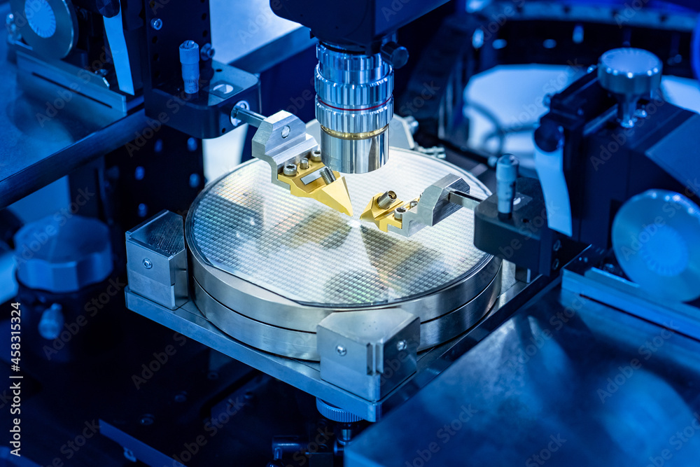 Poster Close up of examining of test sample of microprocessor. Microchips transistor under microscope. Equipment for testing microchips and PCB. Automation of PCB production. Manufacturing of microchips.