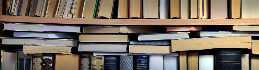 There are stacks of books on the standing books. Close-up. Panorama. Background for libraries,...