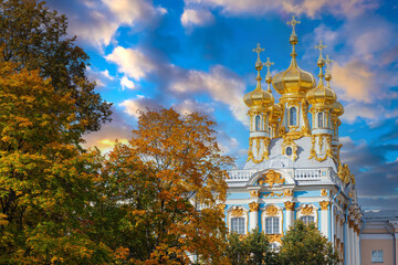 Tsarskoe Selo in town of Pushkin. Russia Church. Church of Catherine Palace. Orthodox Church on...