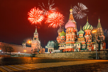 Moscow fireworks. Russia on New Year's Eve. Fireworks over red square. Moscow Kremlin. St. Basil's...
