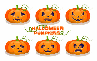 Set pumpkins with funny faces for Halloween
