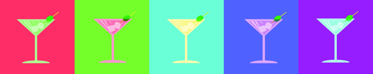 Multicolored set of martini glasses.