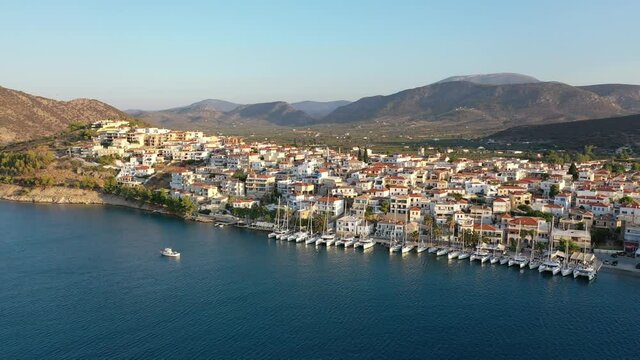 Aerial view of Ermioni old town and marina or seaport, Greece - drone videography