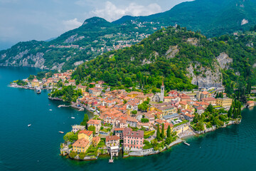 Fototapeta na wymiar Aerial view of Varenna village. Varenna is a picturesque and traditional village, located on the eastern shore of Lake Como, Italy