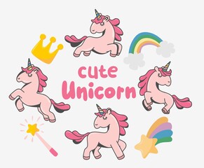 Set of Cute Cartoon Unicorns isolated on a white background.