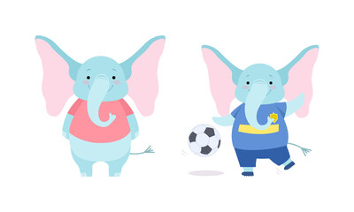 Fototapeta na wymiar Cute Blue Elephant with Trunk Standing and Playing Football Vector Set