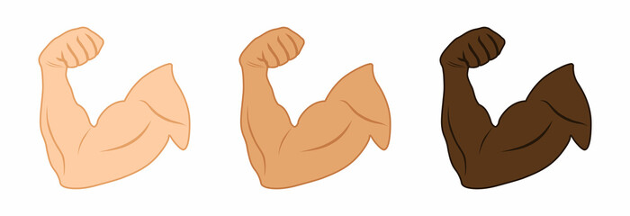 Cartoon arm muscle set. Muscles and strength hands gym. Bodybuilder biceps flex arms symbol. Emoji of strong bicep icon. Sport, fitness, workout, gym club logo. Vector illustration