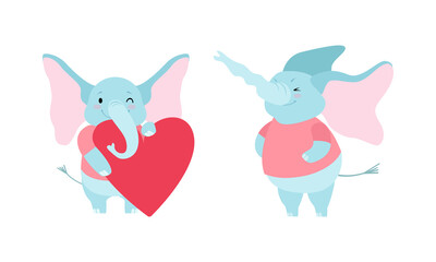 Obraz na płótnie Canvas Cute Blue Elephant with Trunk Trumping and Holding Heart Vector Set
