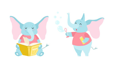 Obraz na płótnie Canvas Cute Blue Elephant with Trunk Reading Book and Blowing Soap Bubbles Vector Set
