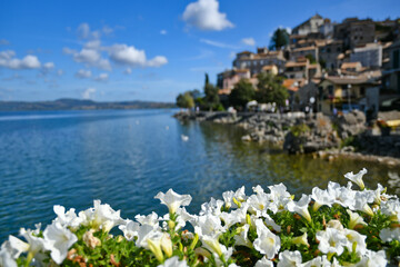 Panoramic view of Anguillara Sabazia, a medieval town overlooking a lake in the province of Rome.