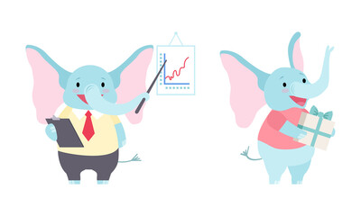 Obraz na płótnie Canvas Cute Blue Elephant with Trunk Holding Gift Box and in Business Suit Pointing to Graph Vector Set