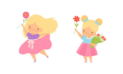 Cute Little Girl Giving Flowers Expressing Congratulation Vector Set