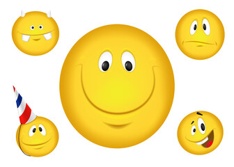 Cheerful emoticons. Smiling yellow faces set. Vector illustration