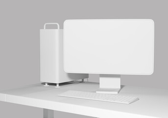 Personal computer on table. Mockup of monitor and system unit. Three-dimensional personal computer on light background. Monitor white screen. Visualization of table with computer. 3d rendering.