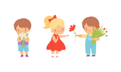 Cute Little Boy Giving Flowers to Girl Expressing Congratulations Vector Set