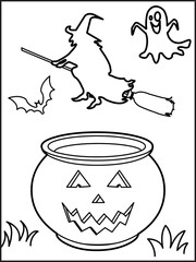 Halloween coloring page illustration. Halloween background cemetery with halloween pumpkins and element outline for a coloring page. Halloween coloring page for adults and kids 4.