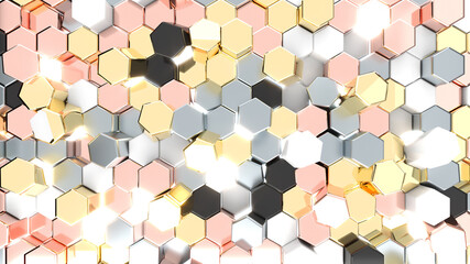 Multicolored hexagon shapes abstract background,Hexagonal shapes arranged randomly, 3D rendering.