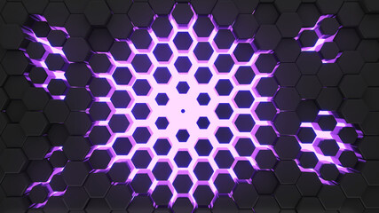 Abstract black hexagon shape background with purple light 3d rendering