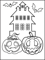 Halloween coloring page illustration. Halloween background cemetery with halloween pumpkins and element outline for a coloring page. Halloween coloring page for adults and kids 6.