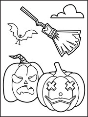 Halloween coloring page illustration. Halloween background cemetery with halloween pumpkins and element outline for a coloring page. Halloween coloring page for adults and kids 13.