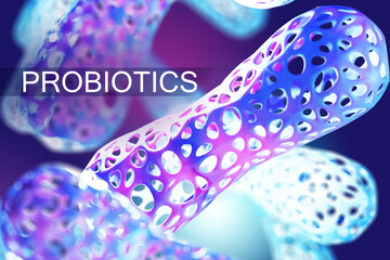 Probiotics logo. Bifidobacteria background. Microbiome in humans. Probiotics with live...