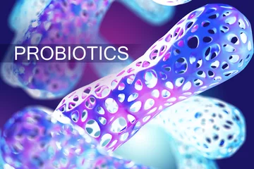 Foto auf Alu-Dibond Probiotics logo. Bifidobacteria background. Microbiome in humans. Probiotics with live microorganisms. Probiotics for human immunity. Selective blurring. Gram-positive bacteria. 3d rendering. © Grispb