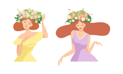 Young Female with Splendid Hair Having Floral Wreath on Her Head Vector Set
