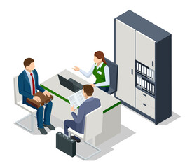 Isometric bank office. Bank employees sitting behind tables and serving bank customers. Financial center modern corporate interior design