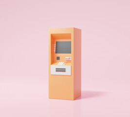 Orange atm automatic deposit machine icon on pink background Money transfer account concept. cartoon minimal. 3d render illustration - obrazy, fototapety, plakaty