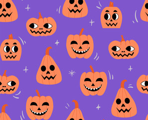Seamless halloween pattern with cute pumpkins. Purple background