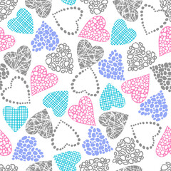 eamless pattern of openwork hearts on a white background. Hearts with different textures in gray, pink, blue. Cute background with hearts. Valentine's Day. Vector illustration.