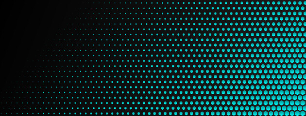 Abstract halftone background made of small hexagonal dots of different sizes in light blue and black colors
