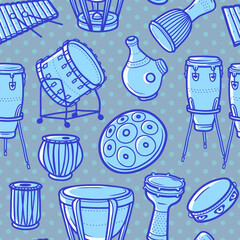 Musical background. Drums. Percussion. Vector seamless pattern with drums. - obrazy, fototapety, plakaty
